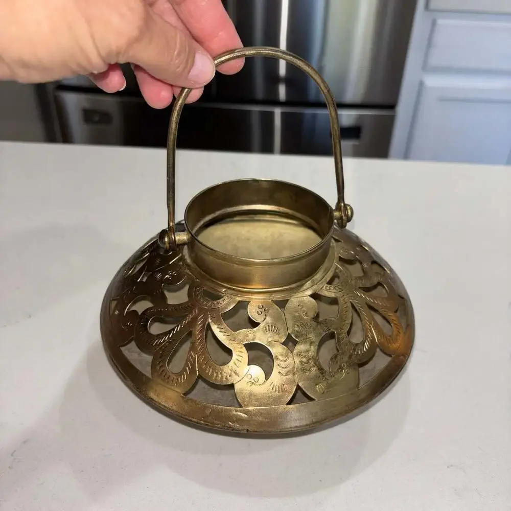 Vintage Hand-Etched Brass Tea Light Holder with Reticulated Floral Design